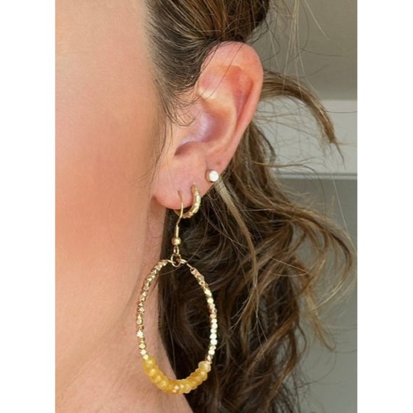 Yellow Onyx Sparkly Gold Beaded Earring Gemstone Dangle Hoops Yellow onyx - Picture 8 of 8